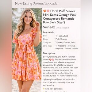 Floral Puff Sleeve Mini Dress Orange Pink Cottagecore Romantic Bow Back Size S